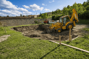 GMD CONSTRUCT travaux d'aménagements extérieurs, terrassement du terrain pour créer un bassin dans la région de Ciney, Namur, Dinant, Marche-en-famenne.